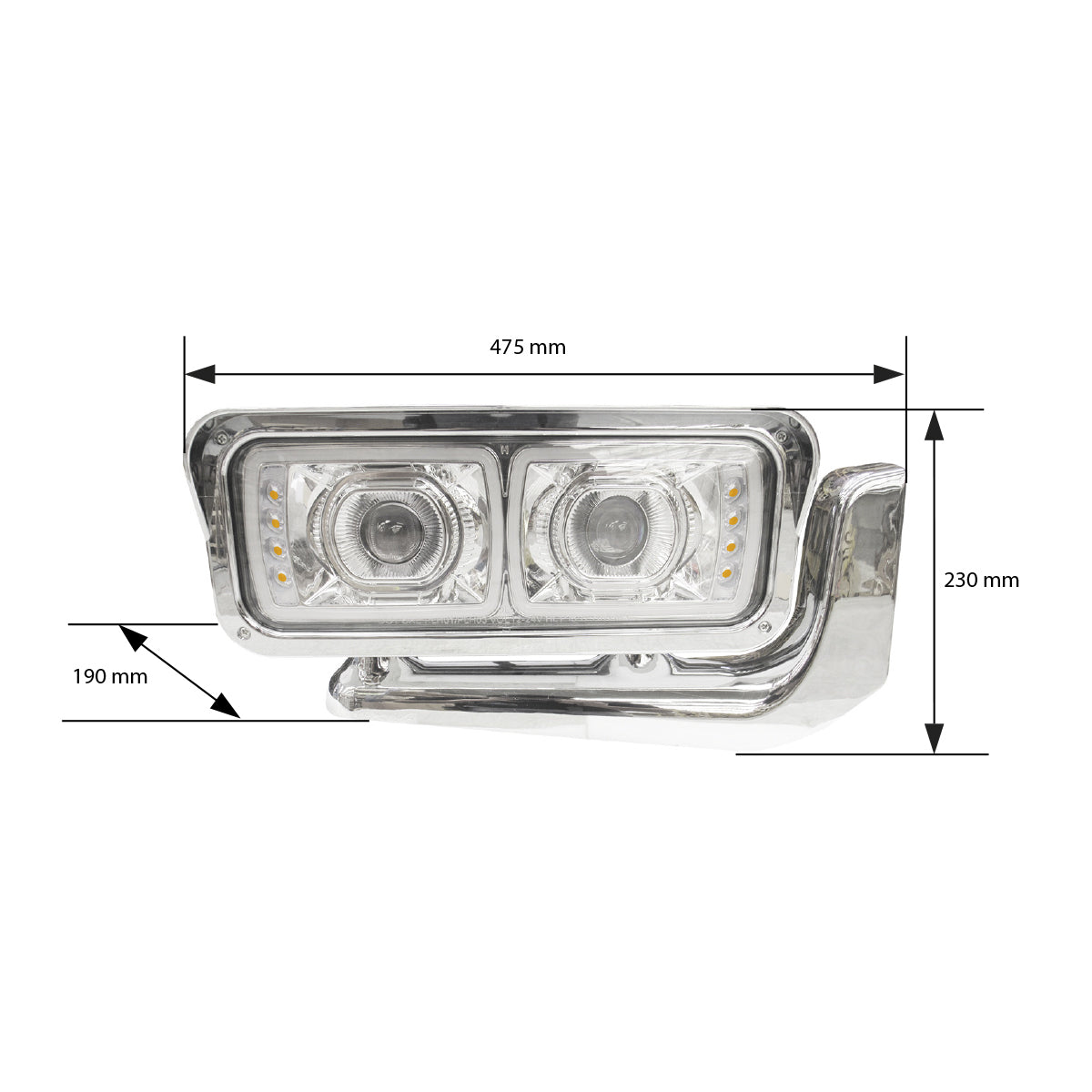 Faro para Peterbilt 379 LED C/OJO DE ANGEL FONDO CROMO Y BASE CROMO DER