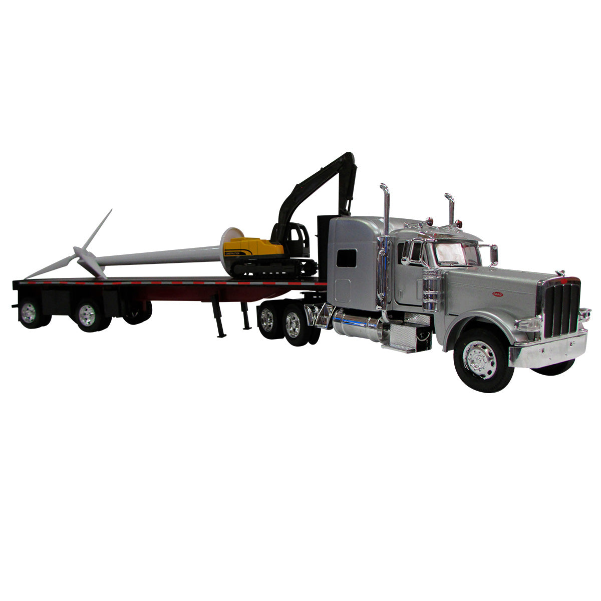 TRACTOCAMION PETERBILT 389 CABINA GRIS C/PLATAFORMA, EXCAVADORA Y TURBINA EOLICA ESCALA 1:32