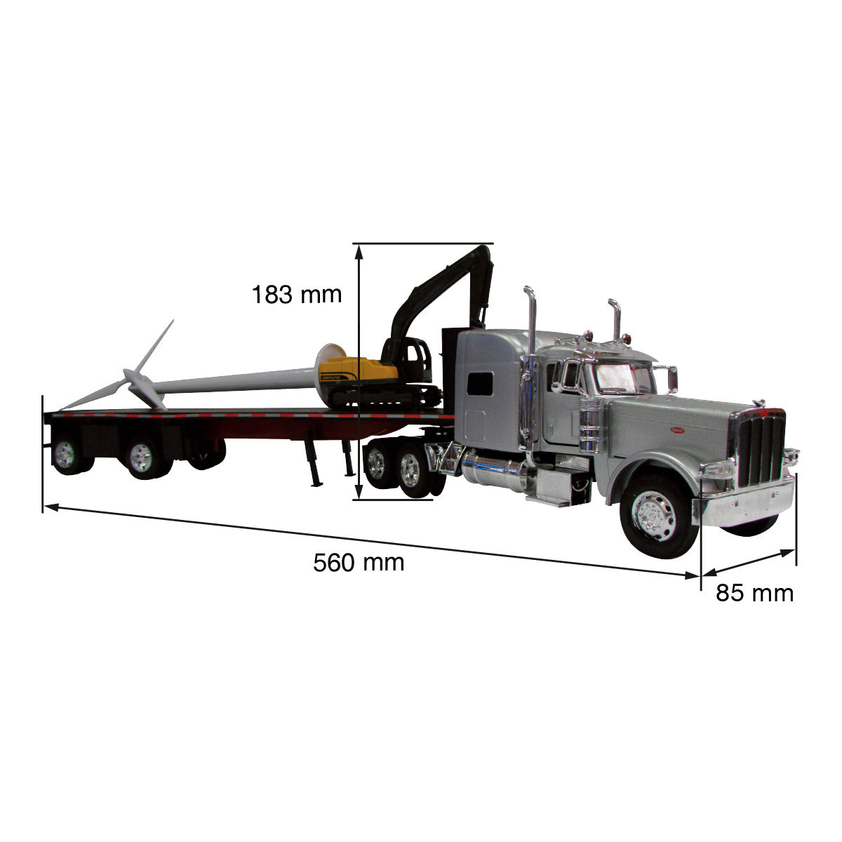 TRACTOCAMION PETERBILT 389 CABINA GRIS C/PLATAFORMA, EXCAVADORA Y TURBINA EOLICA ESCALA 1:32
