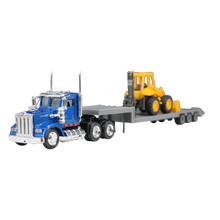 TRACTOCAMION KENWORTH W-900 C/ PLATAFORMA Y RETROEXCAVADORA ESCALA 1:32 AZUL