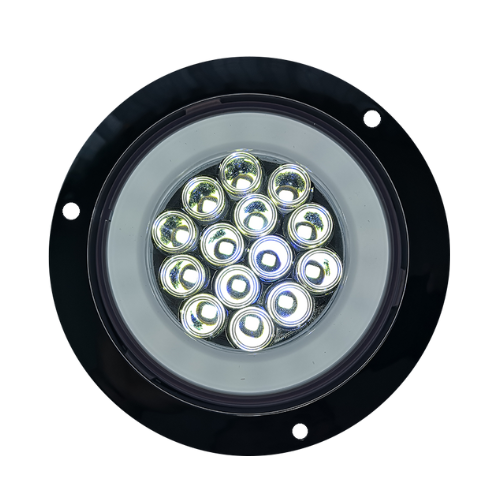 PLAFON 14 LEDS C/ARILLO GEL LUZ FIJA Y ESTROBO B/CROM REDONDO 12-24V 4" BCO