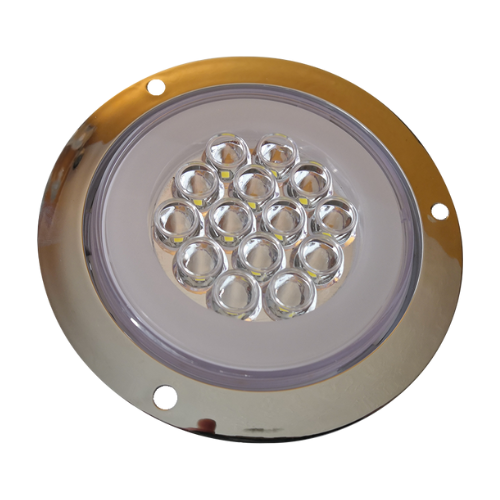 PLAFON 14 LEDS C/ARILLO GEL LUZ FIJA Y ESTROBO B/CROM REDONDO 12-24V 4" BCO