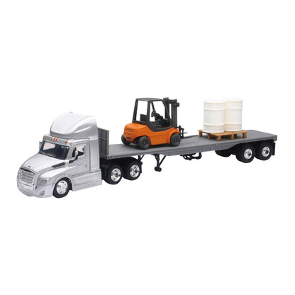 TRACTOCAMION CASCADIA 126 PLATAFORMA PLANA C/MONTACARGAS Y BARRILES ESCALA 1:43