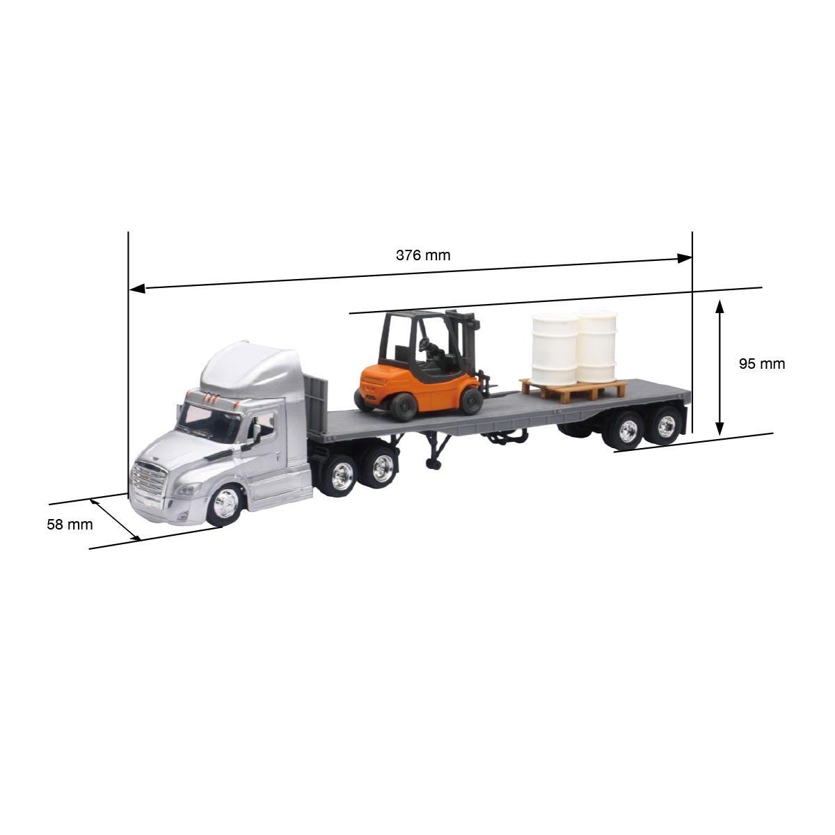 TRACTOCAMION CASCADIA 126 PLATAFORMA PLANA C/MONTACARGAS Y BARRILES ESCALA 1:43