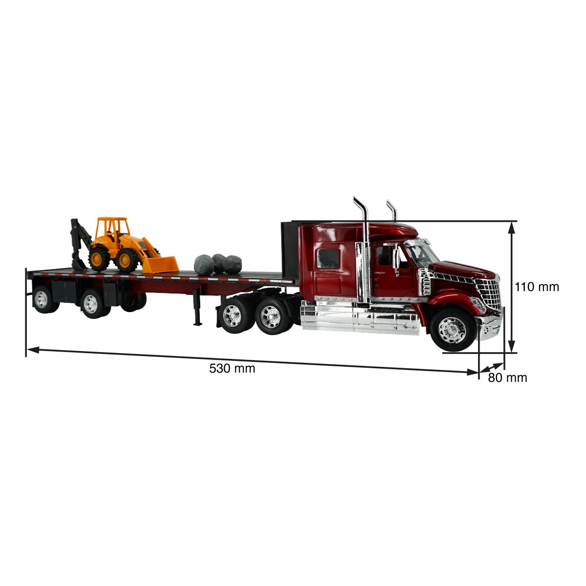 TRACTOCAMION INTER L-STAR PLATAFORMA PLANA C/RETRO EXCAVADORA Y ROCAS ESCALA 1:32