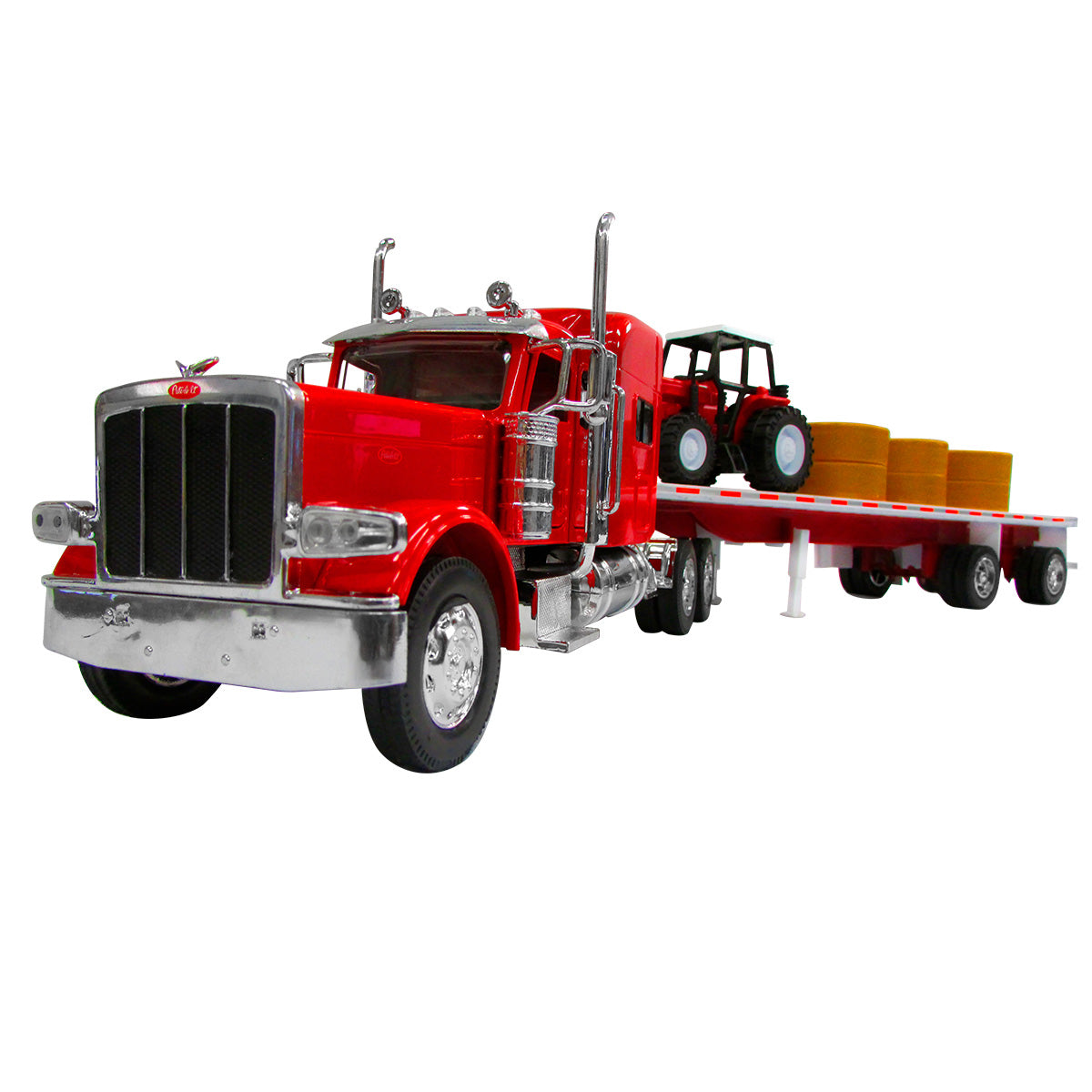 TRACTOCAMION PETER 389 C/ PLATAFORMA, TRACTOR Y ROLLOS DE HENO ESCALA 1:32