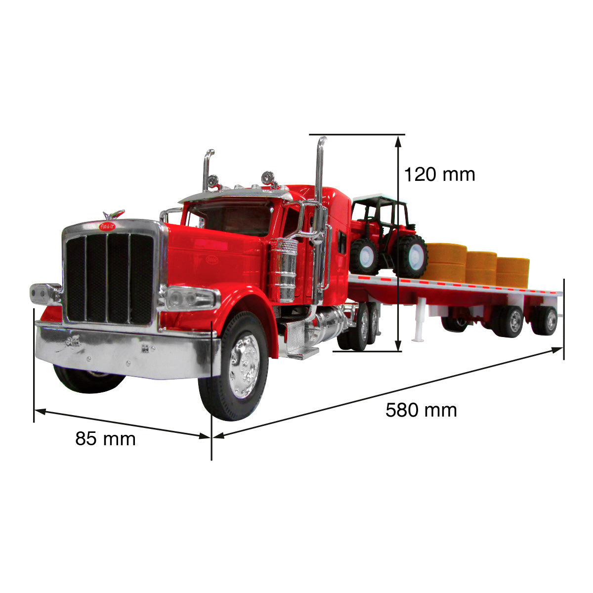 TRACTOCAMION PETER 389 C/ PLATAFORMA, TRACTOR Y ROLLOS DE HENO ESCALA 1:32