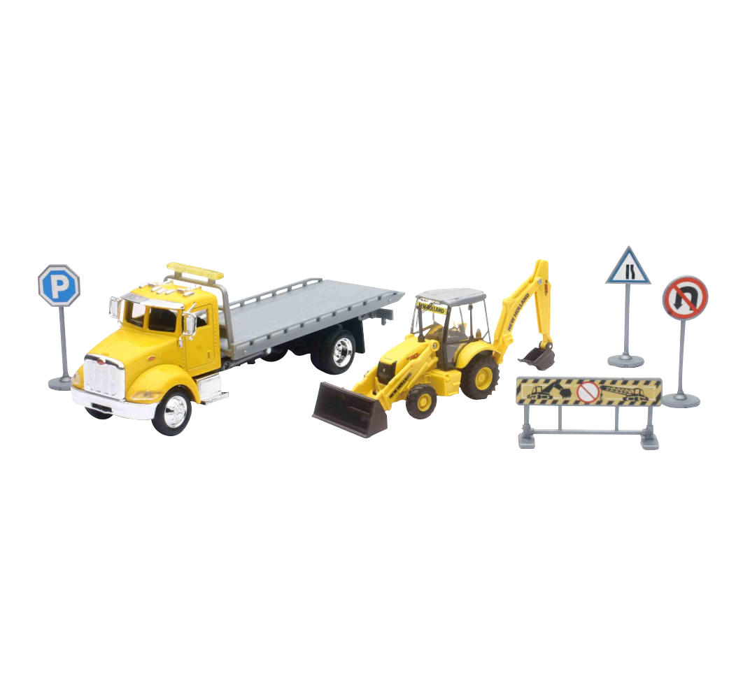 TRACTOCAMION PETERBILT C/PLATAFORMA C/RETRO EXCAVADORA NEW HOLLAND B110C ESCALA 1:43