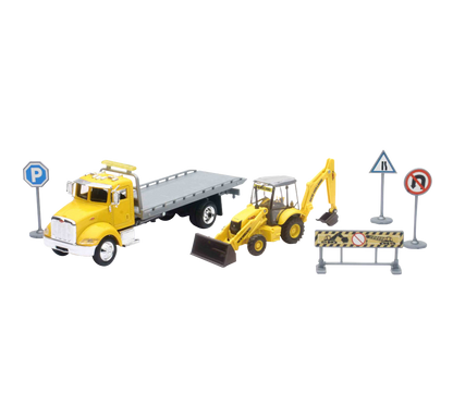 TRACTOCAMION PETERBILT C/PLATAFORMA C/RETRO EXCAVADORA NEW HOLLAND B110C ESCALA 1:43