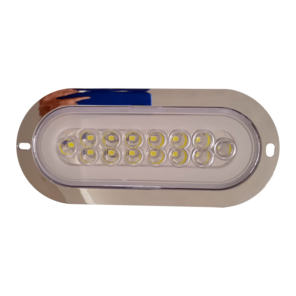 PLAFON 14 LEDS C/ARILLO GEL LUZ FIJA Y ESTROBO B/CROM 12-24V OVAL BCO